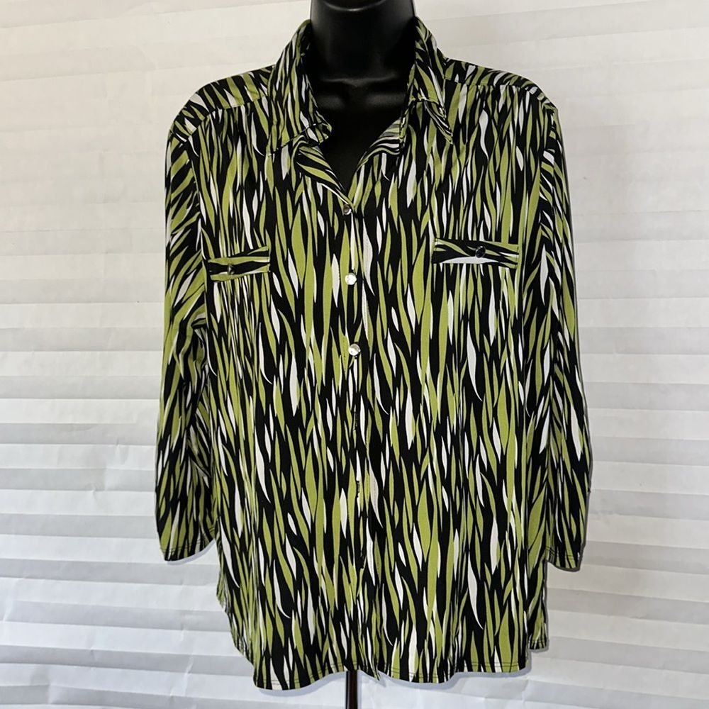 Notations Petite Women’s Blouse PXL Green Black Long Sleeve Button Down Top